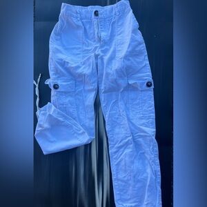 White cargo pants with drawstring bottom